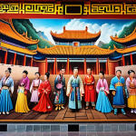 **Vibrant mural depicting a historical event in China, showcasing traditional clothing, architecture, and vivid colors. Capture the intricate details of the mural with dynamic lighting and a sense of cultural richness.**