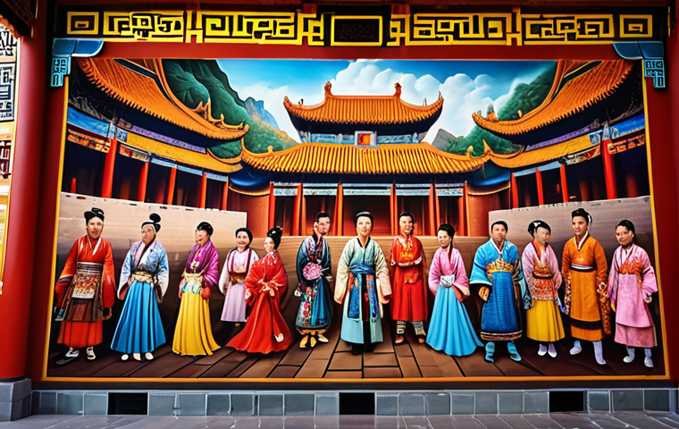 **Vibrant mural depicting a historical event in China, showcasing traditional clothing, architecture, and vivid colors. Capture the intricate details of the mural with dynamic lighting and a sense of cultural richness.**