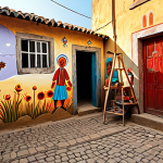 A vibrant mural village comes alive, showcasing weathered old walls transformed into canvases of vivid art. Elderly villagers and playful children joyfully interact with artists, collaboratively adding touches to murals that depict local folklore and daily life. The scene is imbued with a palpable sense of revitalized community spirit and artistic co-creation, highlighting the magic of art breathing new life into a forgotten place. Realistic, highly detailed, warm sunlight, outdoor setting.