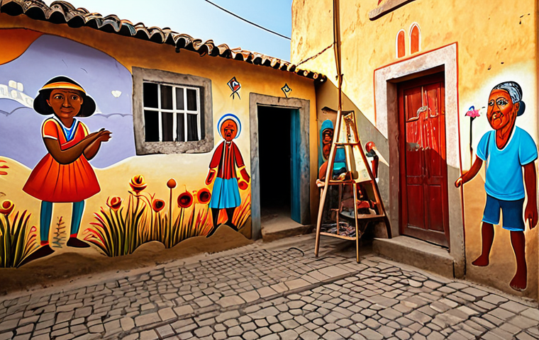 A vibrant mural village comes alive, showcasing weathered old walls transformed into canvases of vivid art. Elderly villagers and playful children joyfully interact with artists, collaboratively adding touches to murals that depict local folklore and daily life. The scene is imbued with a palpable sense of revitalized community spirit and artistic co-creation, highlighting the magic of art breathing new life into a forgotten place. Realistic, highly detailed, warm sunlight, outdoor setting.
