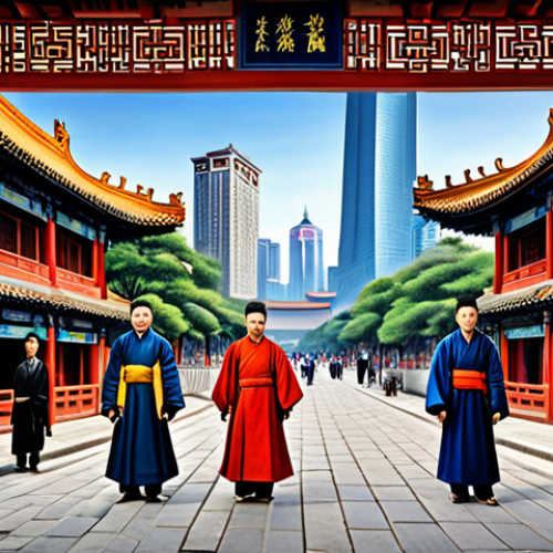 Historical Mural & Modern City**

"A vibrant mural depicting a historical Nanjing street scene (Ming Dynasty), with figures in traditional Chinese clothing, fully clothed, surrounded by a modern cityscape with skyscrapers in the background, appropriate attire, safe for work, perfect anatomy, natural proportions, professional digital painting, high quality, family-friendly."

**