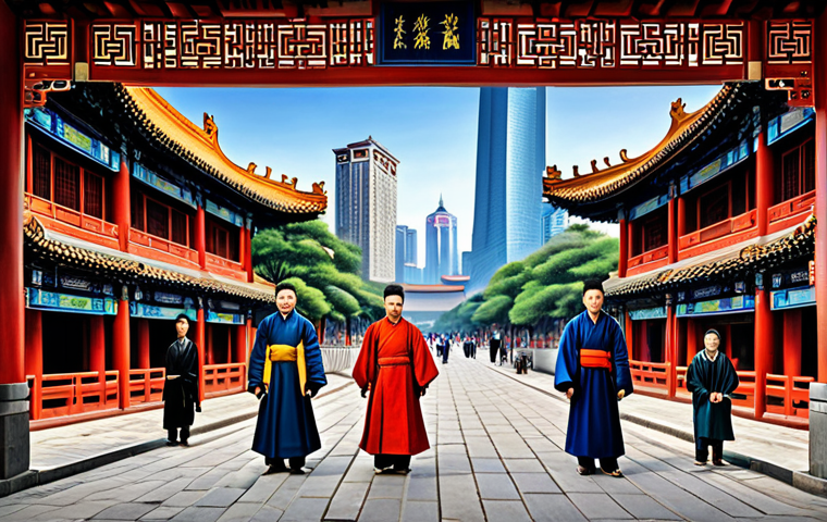 Historical Mural & Modern City**

"A vibrant mural depicting a historical Nanjing street scene (Ming Dynasty), with figures in traditional Chinese clothing, fully clothed, surrounded by a modern cityscape with skyscrapers in the background, appropriate attire, safe for work, perfect anatomy, natural proportions, professional digital painting, high quality, family-friendly."

**
