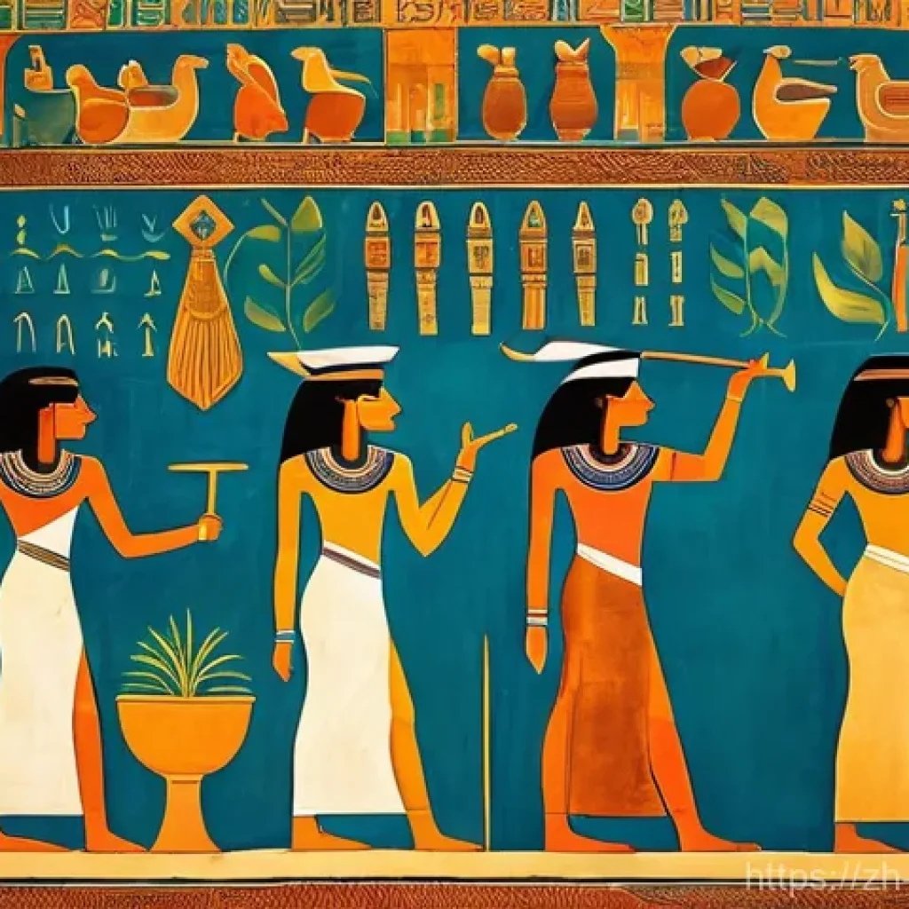벽화에 숨은 이야기 - **Ancient Egyptian Tomb Painting of Daily Life**
A highly detailed, vibrant ancient Egyptian tom...
