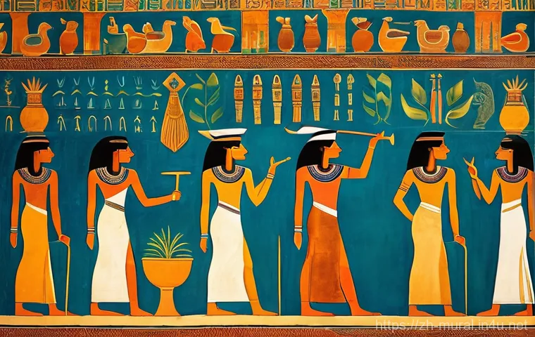 벽화에 숨은 이야기 - **Ancient Egyptian Tomb Painting of Daily Life**
    A highly detailed, vibrant ancient Egyptian tom...