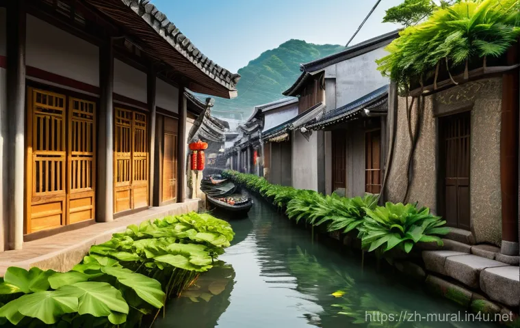 벽화여행과 노후 마을의 변화 - **Prompt:** A serene, traditional East Asian fishing village alley, bathed in warm morning sunlight....