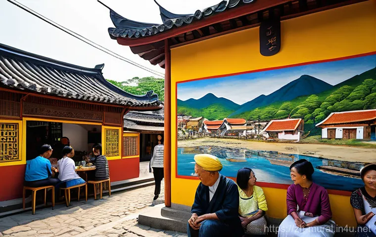 벽화여행과 노후 마을의 변화 - **Prompt:** A serene, traditional East Asian fishing village alley, bathed in warm morning sunlight....