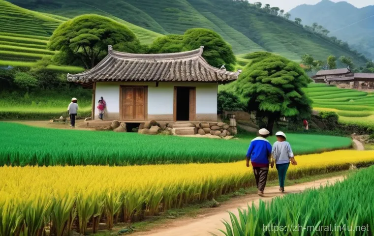 벽화여행과 노후 마을의 변화 - **Prompt:** A bustling, revitalized mural village square in East Asia, now a popular tourist destina...