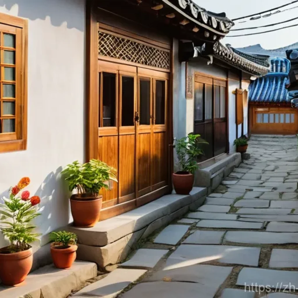 벽화여행 전주 한옥마을 - **Prompt:** A vibrant and bustling alleyway in Jeonju Hanok Village, South Korea, bathed in warm, so...