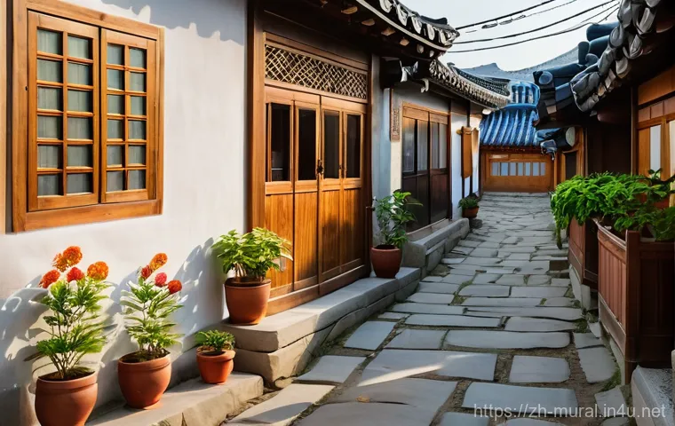 벽화여행 전주 한옥마을 - **Prompt:** A vibrant and bustling alleyway in Jeonju Hanok Village, South Korea, bathed in warm, so...