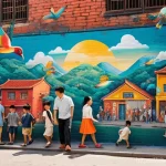 벽화와 문학적 상징 - **Vibrant City Story Mural:** A stunning, large-scale mural painted on an old, textured brick wall i...