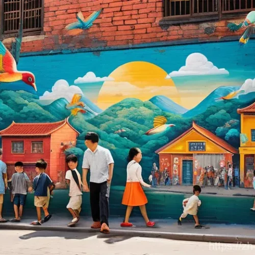 벽화와 문학적 상징 - **Vibrant City Story Mural:** A stunning, large-scale mural painted on an old, textured brick wall i...