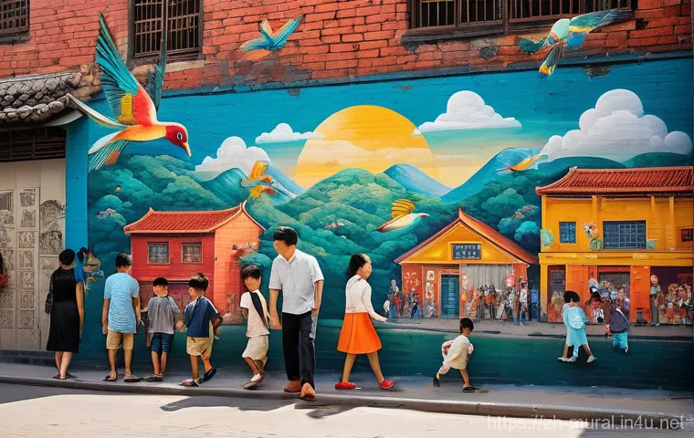 벽화와 문학적 상징 - **Vibrant City Story Mural:** A stunning, large-scale mural painted on an old, textured brick wall i...