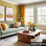 벽화의 색깔 심리학 - **Prompt:** A cozy and inviting living room designed for joyful social interaction. The main accent ...