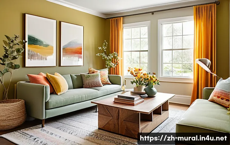 벽화의 색깔 심리학 - **Prompt:** A cozy and inviting living room designed for joyful social interaction. The main accent ...