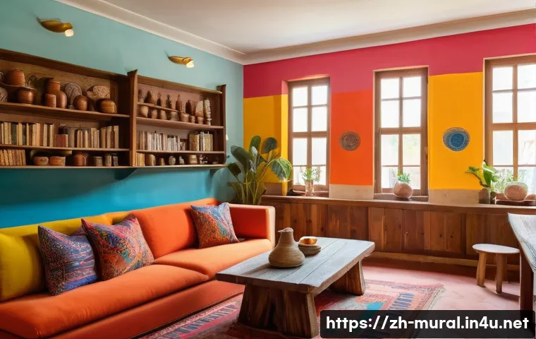 벽화여행 숙박지 추천 - **"An interior shot of a vibrant, art-filled guesthouse common area, transformed from an old traditi...