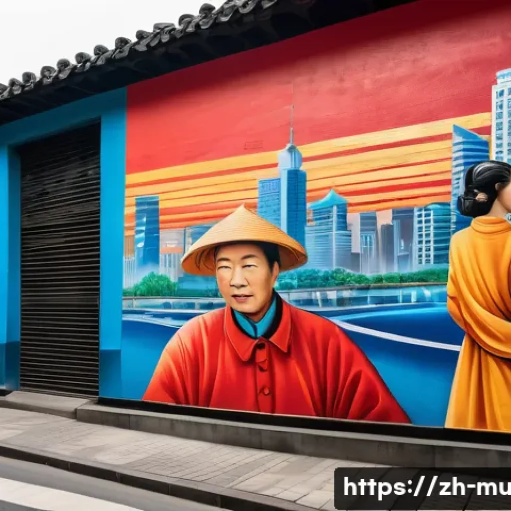 벽화와 현대 미술의 연결 - A vibrant urban street scene in Shanghai featuring a large, colorful mural that blends traditional C...