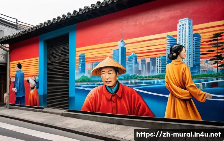 벽화와 현대 미술의 연결 - A vibrant urban street scene in Shanghai featuring a large, colorful mural that blends traditional C...