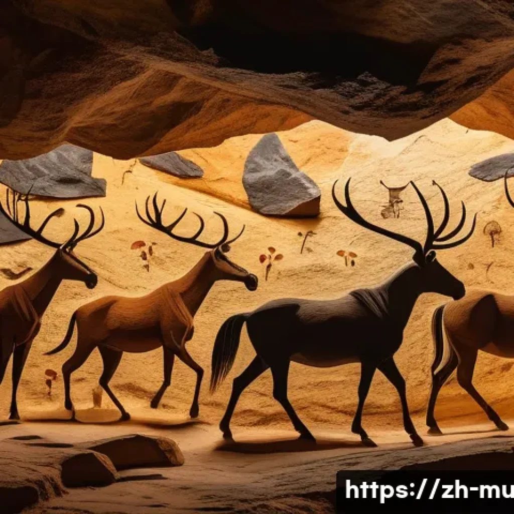 벽화 예술의 발전과 변화 - A detailed prehistoric cave mural scene inspired by the Lascaux caves, featuring symbolic animal fig...