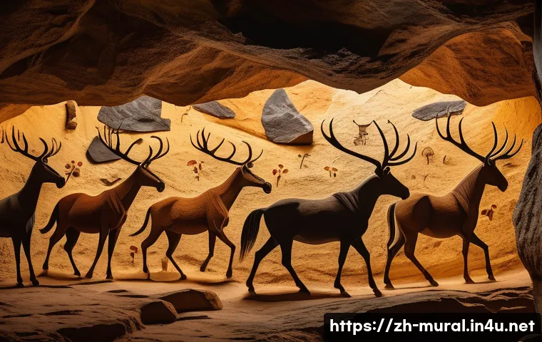 벽화 예술의 발전과 변화 - A detailed prehistoric cave mural scene inspired by the Lascaux caves, featuring symbolic animal fig...