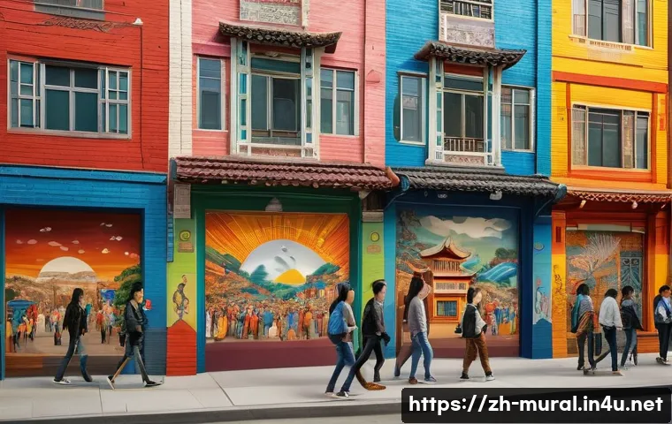 벽화 예술과 그라피티의 차이점 - A large, vibrant mural on an urban building wall depicting the transformation of a community through...