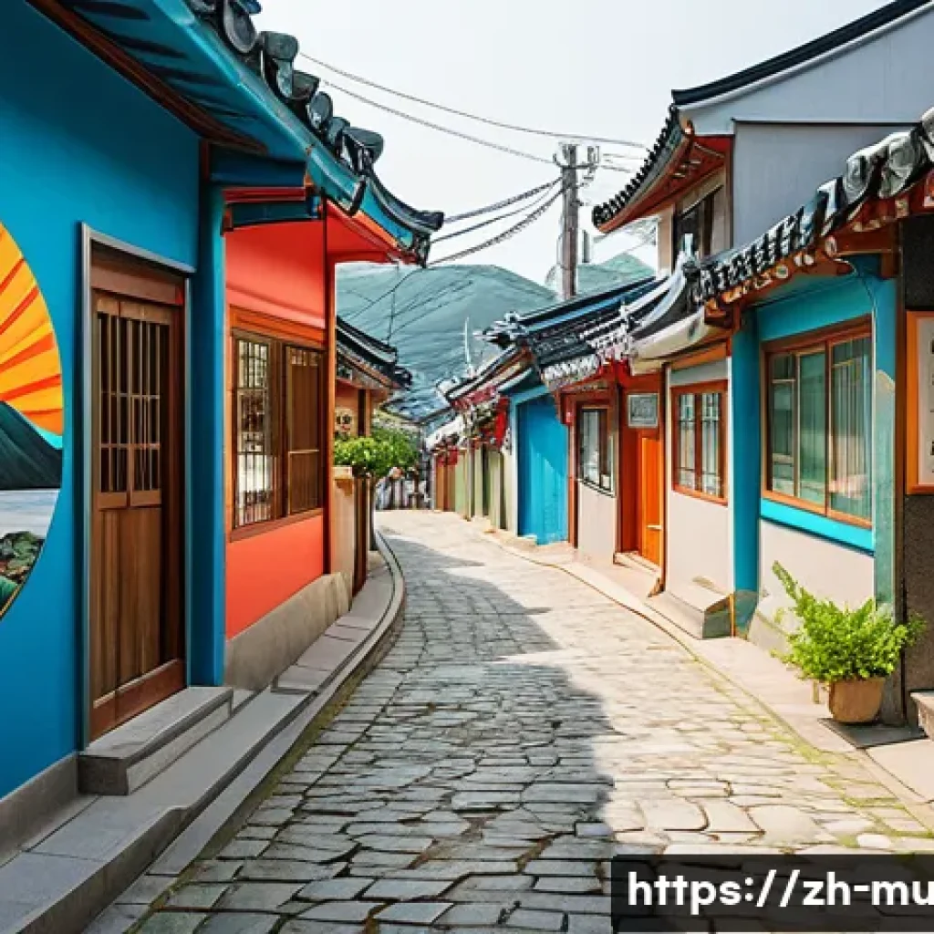벽화여행 부산 감천문화마을 - A vibrant alleyway in Gamcheon Culture Village filled with colorful murals depicting traditional Kor...