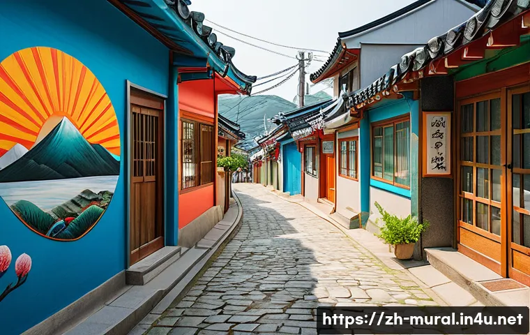 벽화여행 부산 감천문화마을 - A vibrant alleyway in Gamcheon Culture Village filled with colorful murals depicting traditional Kor...