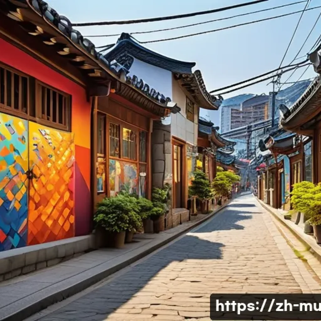 벽화여행 서울 벽화마을 - A vibrant mural scene in Seoul’s Ihwa-dong Mural Village featuring colorful, large-scale wall painti...