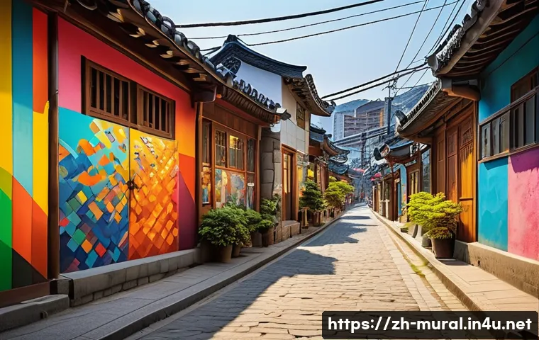 벽화여행 서울 벽화마을 - A vibrant mural scene in Seoul&rsquo;s Ihwa-dong Mural Village featuring colorful, large-scale wall painti...