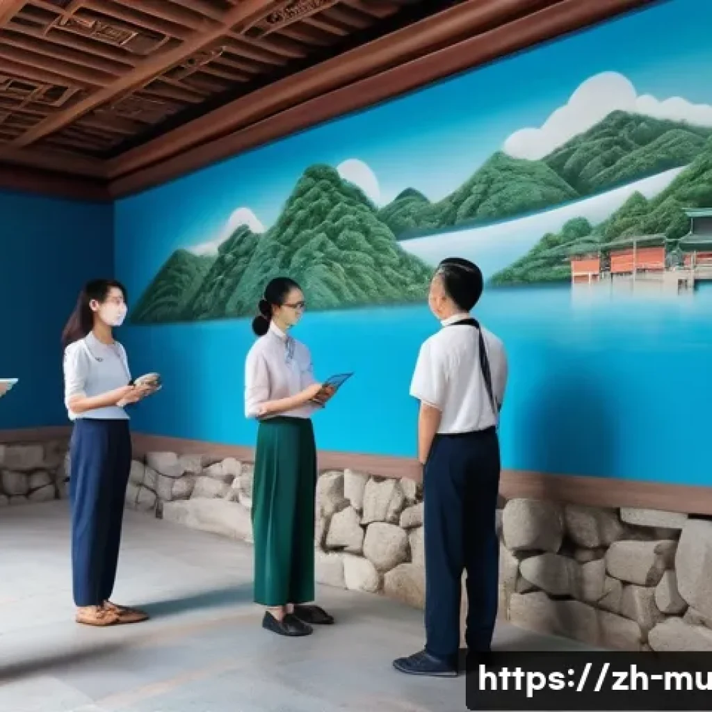 벽화여행의 문화유산 보호 - A detailed scene inside a protected mural heritage site in China, showing visitors wearing masks and...