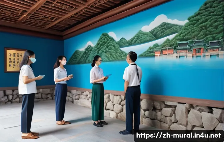 벽화여행의 문화유산 보호 - A detailed scene inside a protected mural heritage site in China, showing visitors wearing masks and...