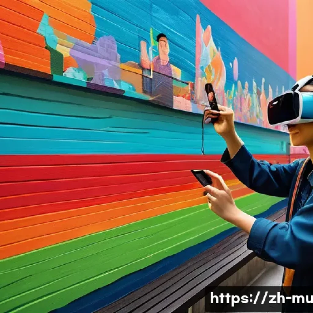 벽화여행의 트렌드 변화 - A vibrant urban mural scene showcasing an immersive AR-enhanced wall painting on a bustling city str...