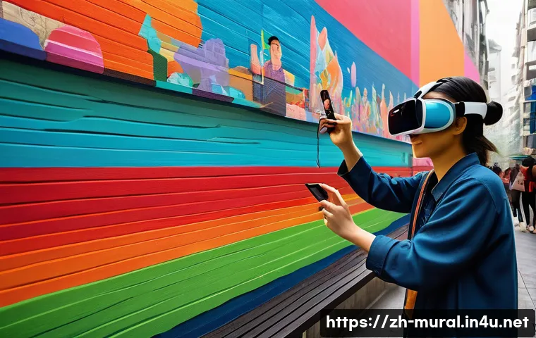 벽화여행의 트렌드 변화 - A vibrant urban mural scene showcasing an immersive AR-enhanced wall painting on a bustling city str...