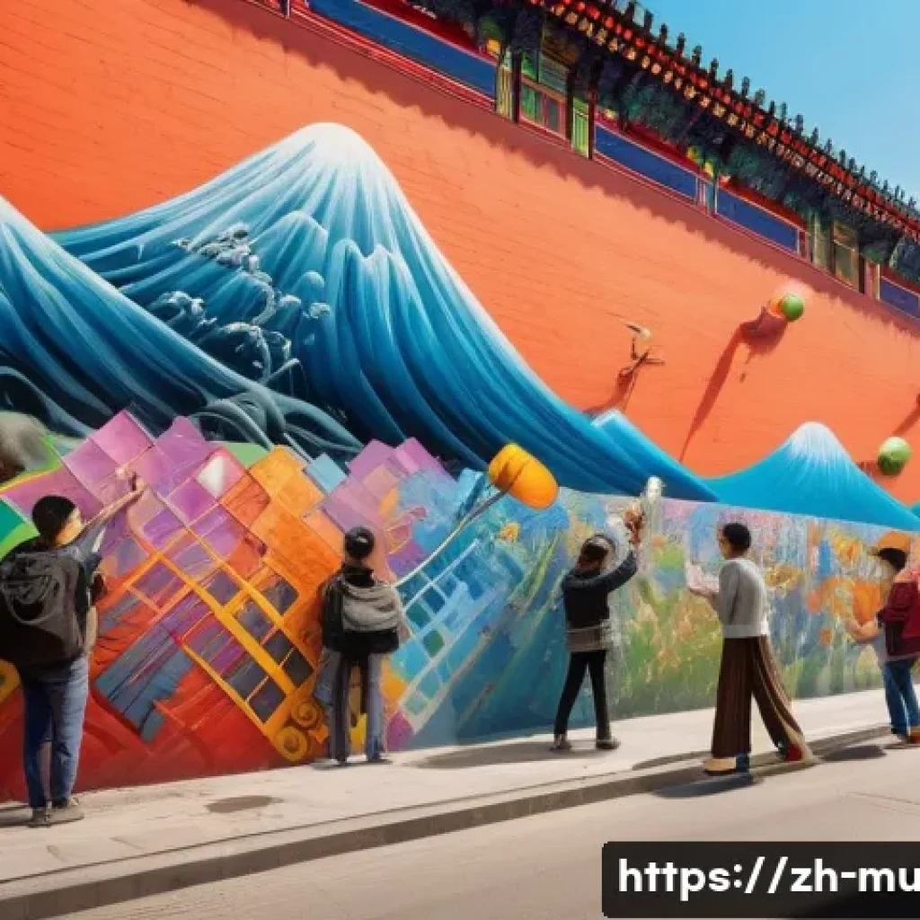 벽화여행 체험 프로그램 - A vibrant urban street mural scene in a modern Chinese city, featuring a diverse group of artists pa...