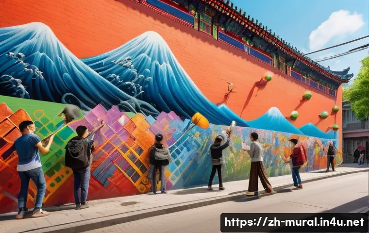 벽화여행 체험 프로그램 - A vibrant urban street mural scene in a modern Chinese city, featuring a diverse group of artists pa...