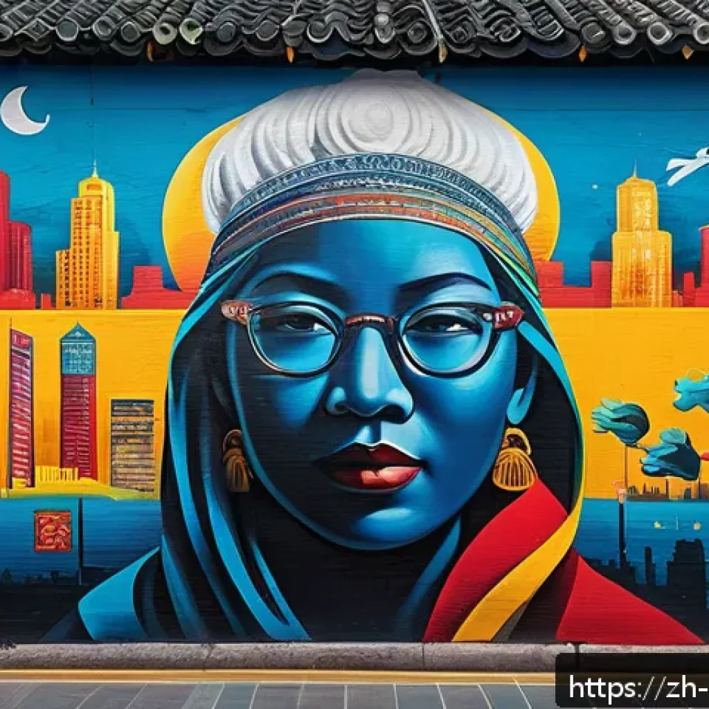 벽화의 지역 문화적 차이 - A vibrant urban mural in a bustling Chinese metropolis like Shanghai or Beijing, showcasing a fusion...