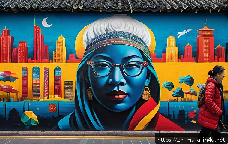 벽화의 지역 문화적 차이 - A vibrant urban mural in a bustling Chinese metropolis like Shanghai or Beijing, showcasing a fusion...