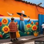 벽화와 관광지 - A vibrant Mexican street mural in Coyoac&aacute;n district, showcasing bold, warm colors like red, orange, ...