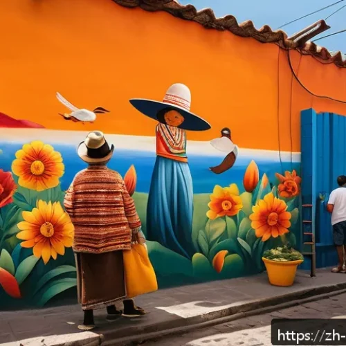 벽화와 관광지 - A vibrant Mexican street mural in Coyoac&aacute;n district, showcasing bold, warm colors like red, orange, ...