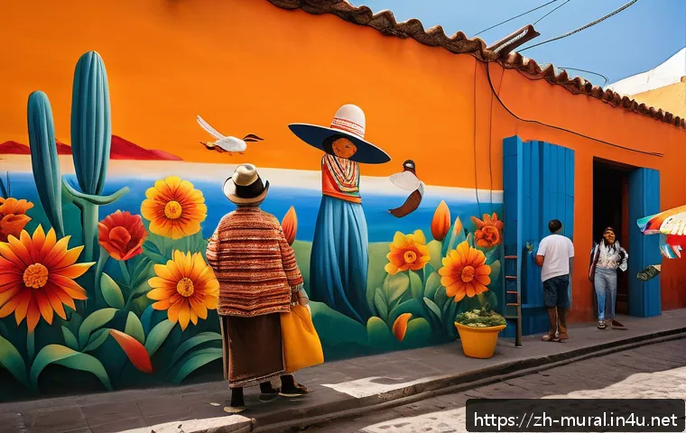 벽화와 관광지 - A vibrant Mexican street mural in Coyoac&aacute;n district, showcasing bold, warm colors like red, orange, ...