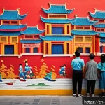 벽화여행 문화재 보호와 벽화 - A vibrant urban street mural in a bustling Chinese city&rsquo;s old town, combining traditional paper-cut ...