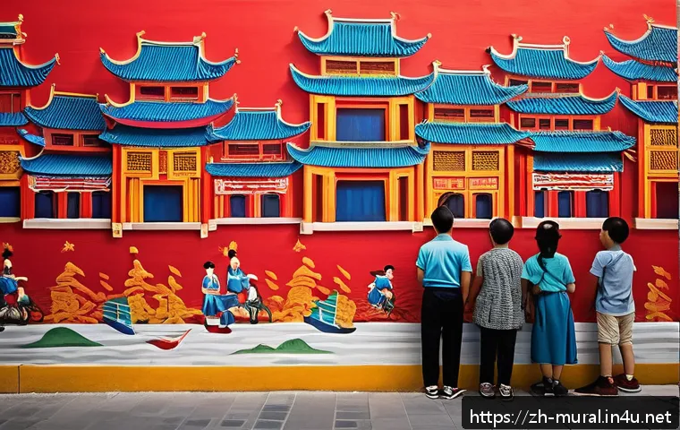 벽화여행 문화재 보호와 벽화 - A vibrant urban street mural in a bustling Chinese city&rsquo;s old town, combining traditional paper-cut ...