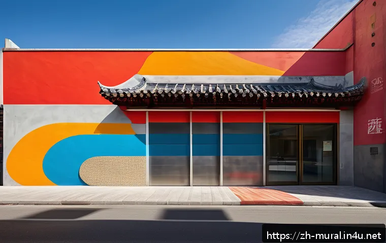 벽화의 시각적 효과 - A vibrant mural in a bustling public space featuring bold, warm colors like vivid reds and bright or...