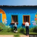 벽화 마을 속의 전통과 현대 - A vibrant mural village scene at midday under clear blue skies, featuring colorful wall paintings th...