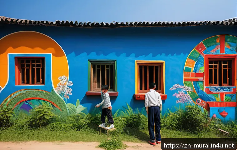 벽화 마을 속의 전통과 현대 - A vibrant mural village scene at midday under clear blue skies, featuring colorful wall paintings th...