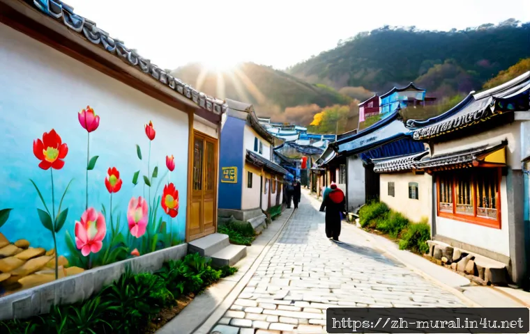 벽화여행 경상북도 벽화마을 - Photorealistic morning view of a traditional hillside mural village in Gyeongsangbuk-do, South Korea...