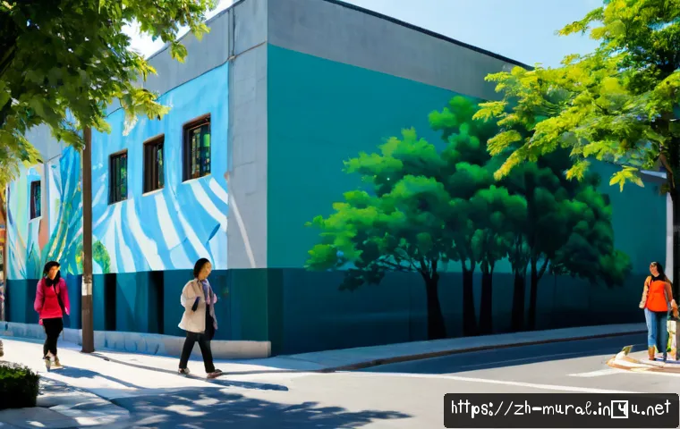 벽화와 도시의 이미지 변화 - Photorealistic wide-angle urban street scene showing a formerly plain gray building wall transformed...